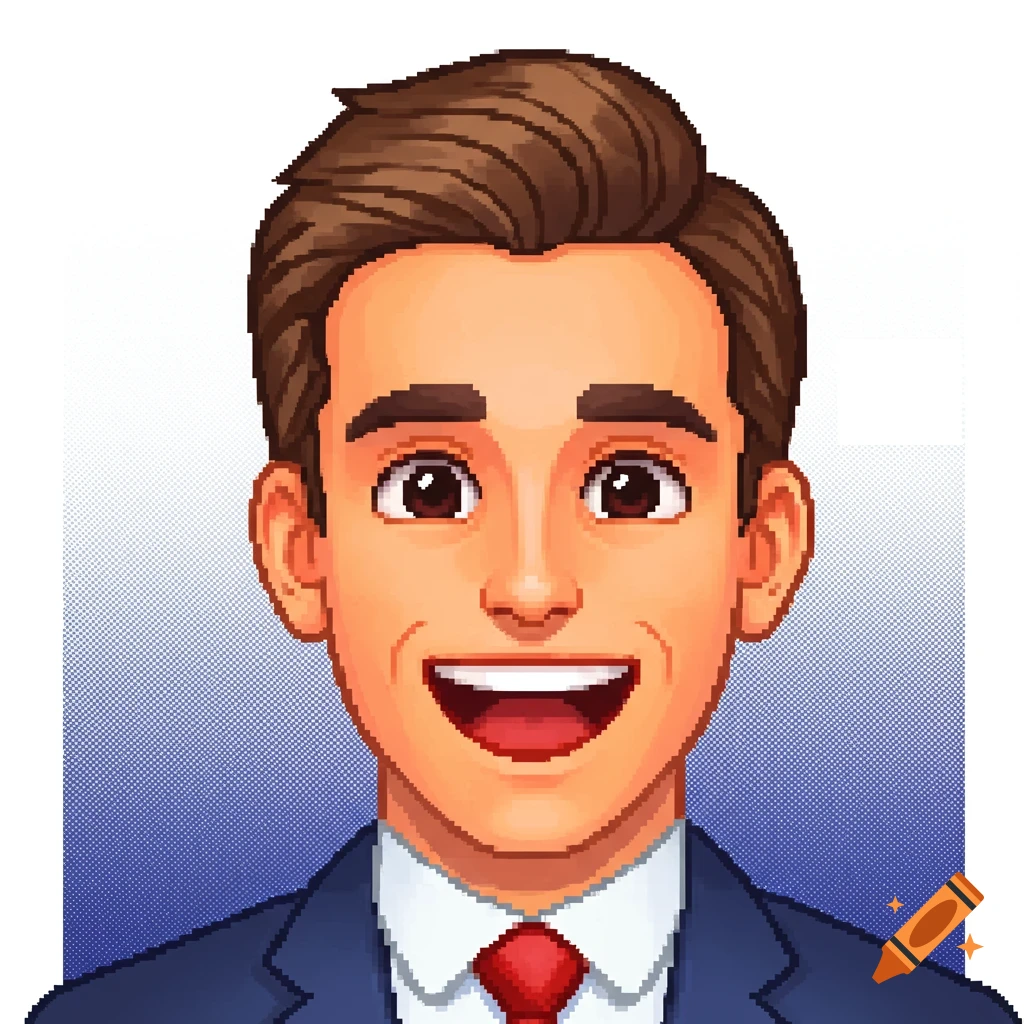 A pixel art emoji headshot of a smiling man with brown hair, wearing a suit and red tie.