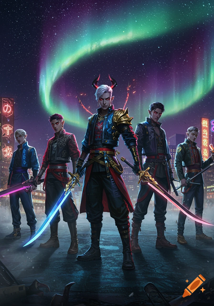 Five stylized male demon hunters with glowing swords stand on a city rooftop under a vibrant aurora borealis sky.