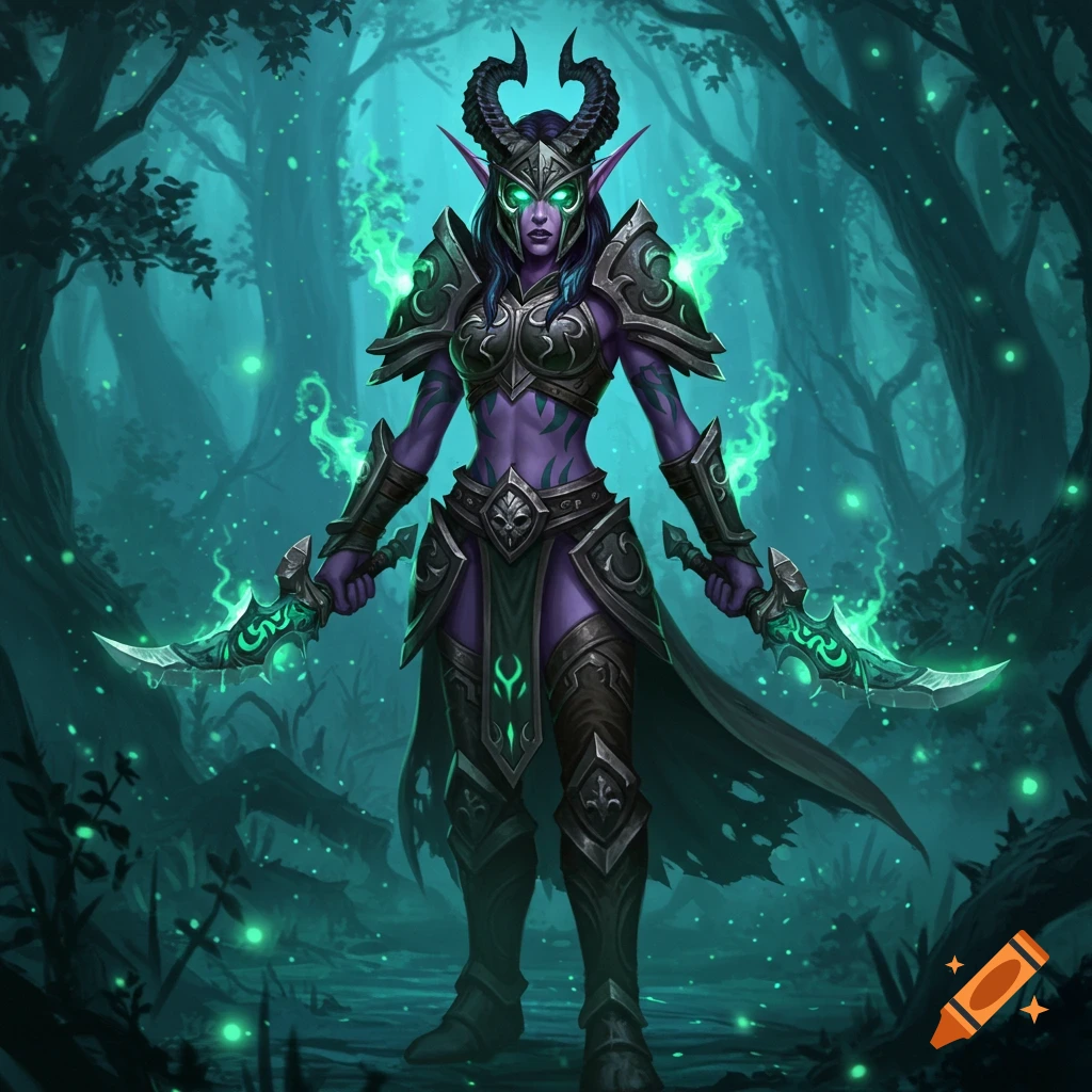A purple-skinned female Night Elf Demon Hunter in detailed armor holds two glowing daggers in a dark, glowing fantasy forest.