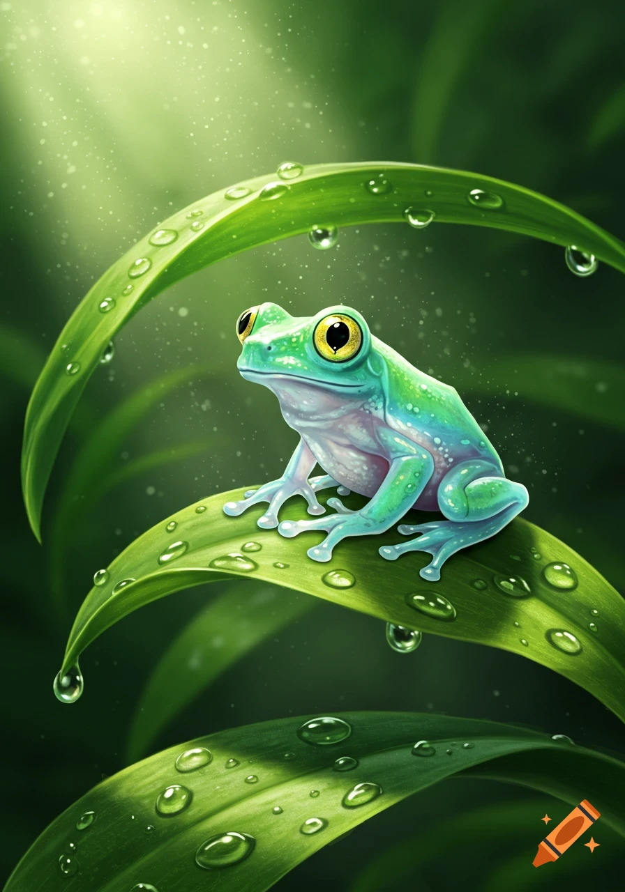 A vibrant green and blue stylized frog with large yellow eyes sits on a dew-covered green leaf.