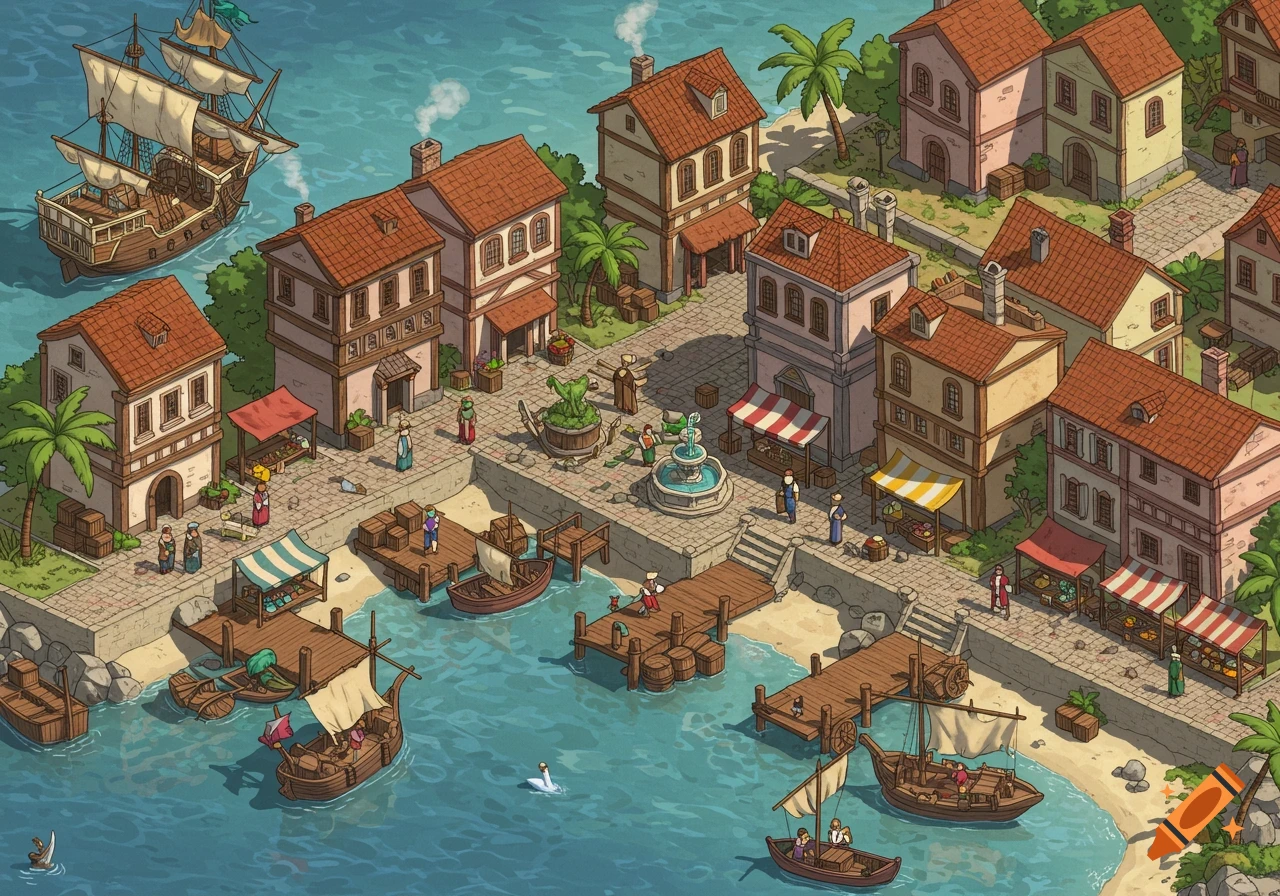 An isometric illustration of a bustling fantasy port town with ships, market stalls, and multi-story buildings along the coast.
