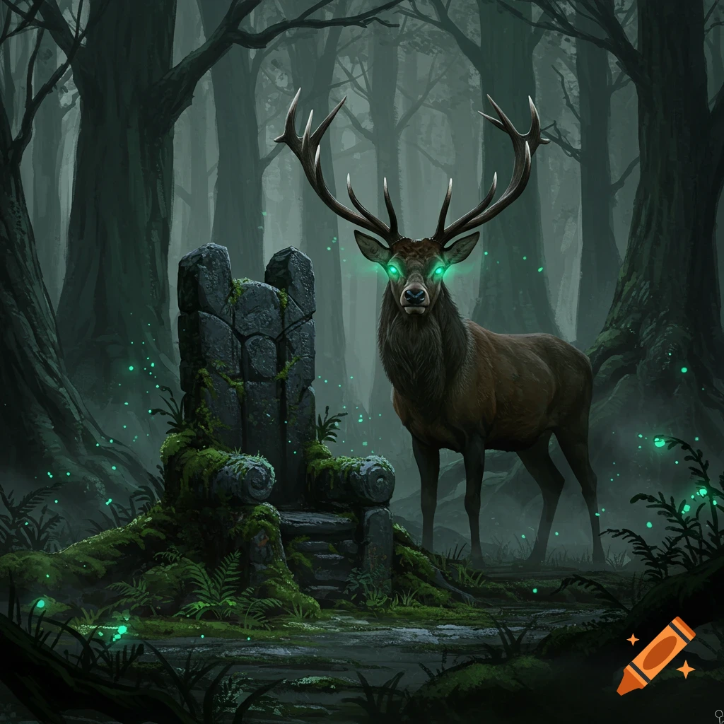 A majestic elk with glowing green eyes stands next to a moss-covered stone throne in a dark, misty forest.