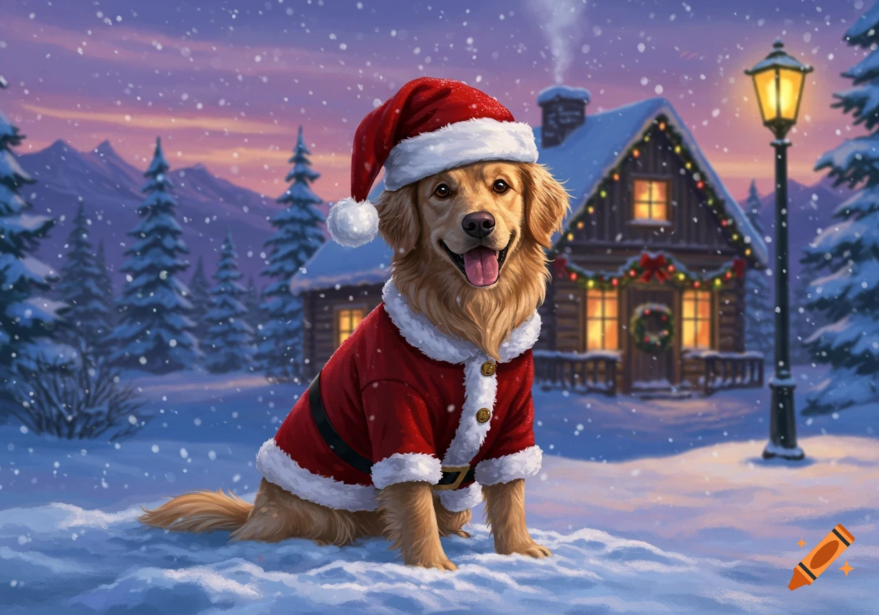 A golden retriever in a Santa hat and coat sits happily in the snow outside a festive, decorated log cabin at twilight.