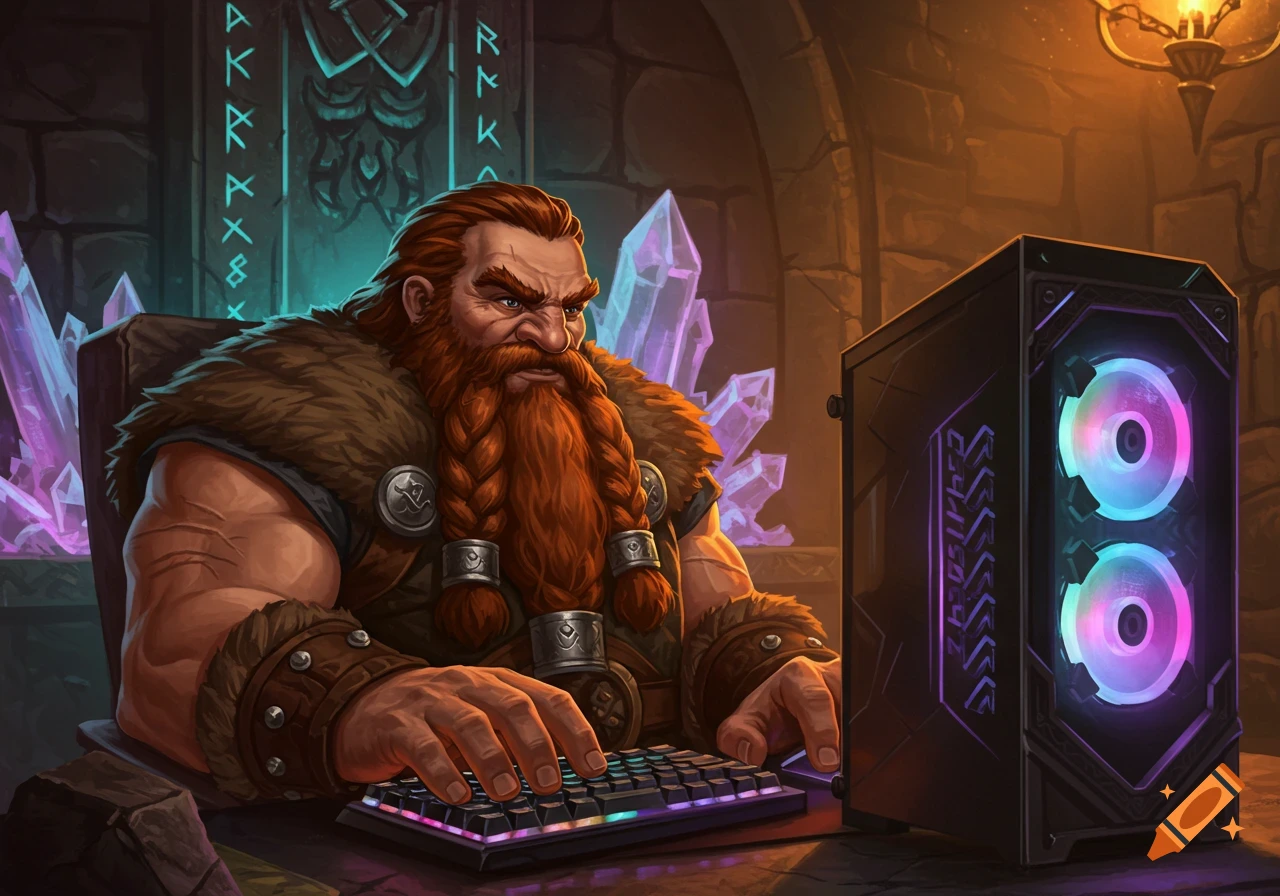A red-bearded dwarf with braided hair intensely plays on an RGB-lit gaming PC in a stone chamber with glowing purple crystals and runes.