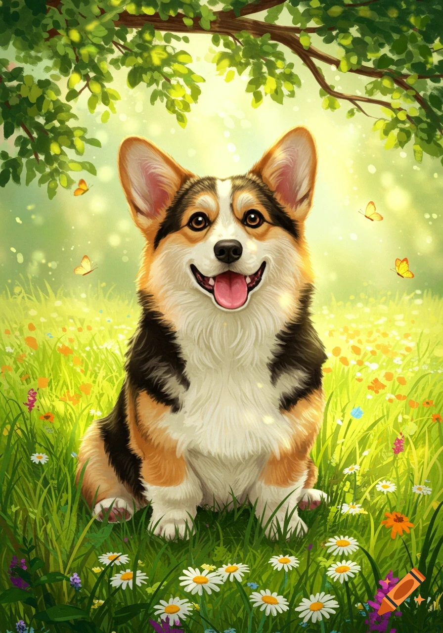 Vibrant illustration of a happy Corgi dog sitting in a sunny green field with daisies, wildflowers, and butterflies under a tree.