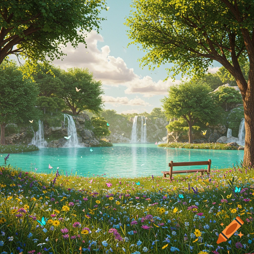 Vibrant, idyllic landscape with turquoise lake, multiple waterfalls, a colorful wildflower meadow, lush trees, and butterflies.