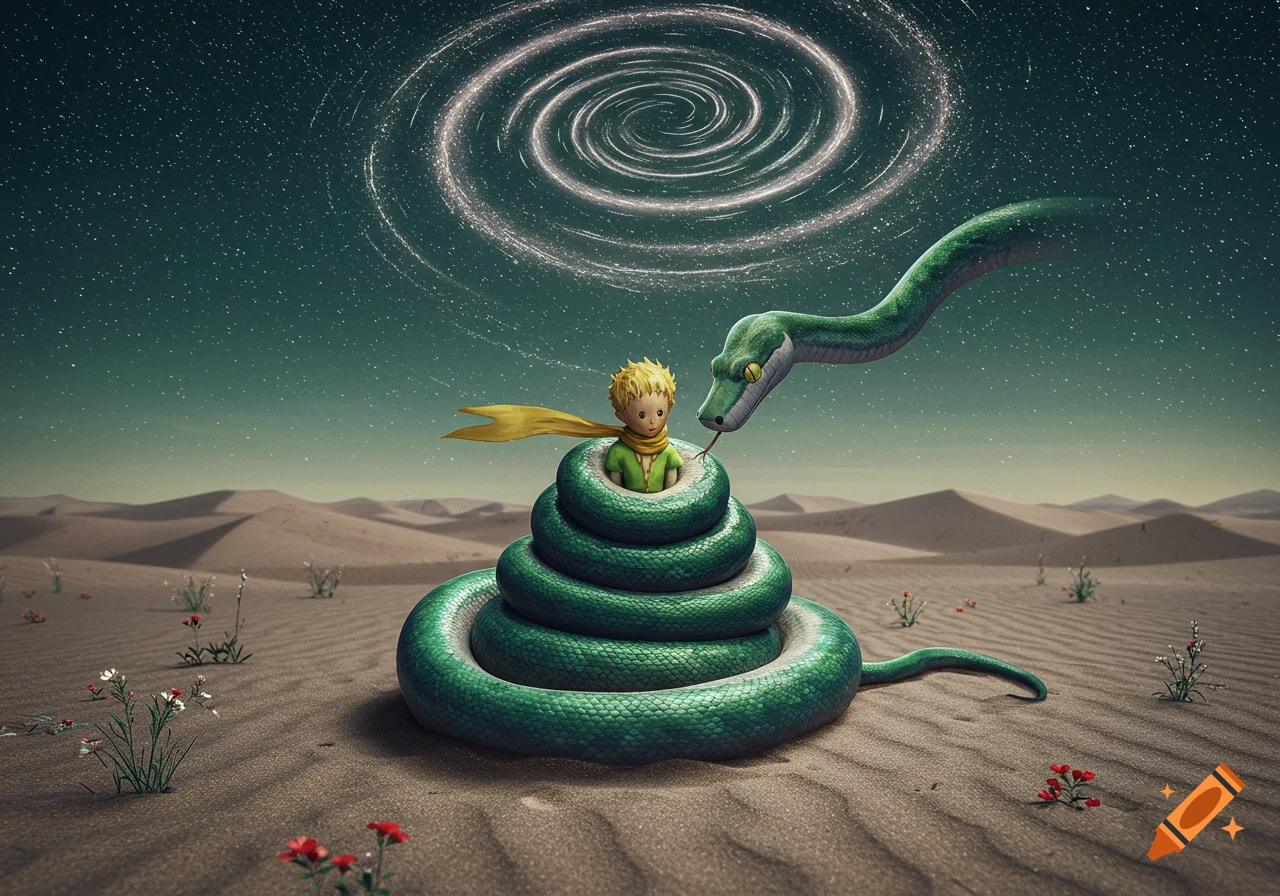 The Little Prince sits nestled in the coils of a giant green boa constrictor in a desert under a starry night with a glowing spiral.