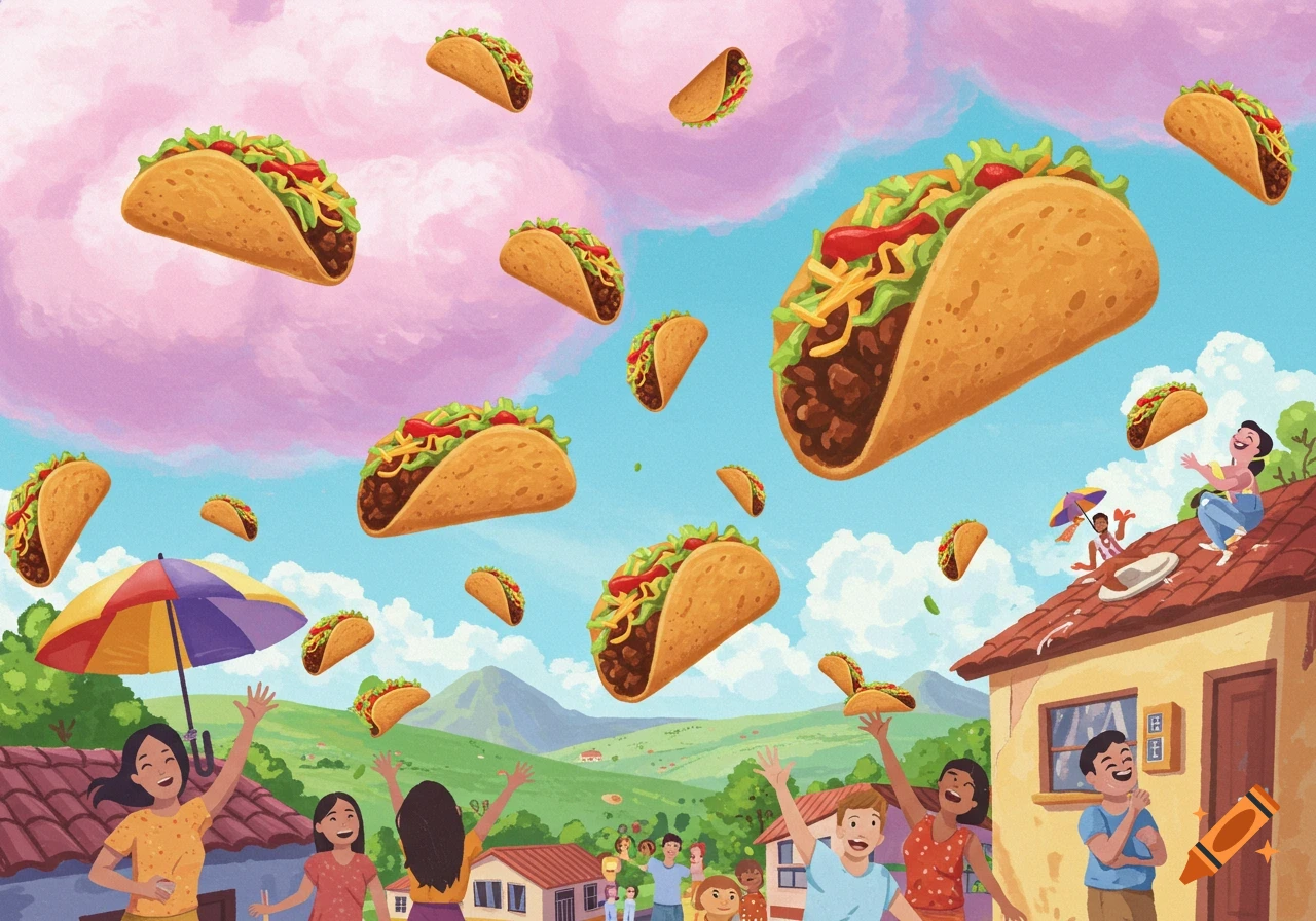 A whimsical illustration of a diverse group of people in a village happily catching tacos raining from a colorful sky.