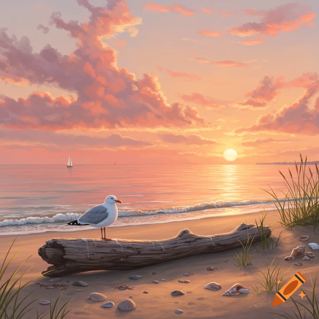 Digital painting of a seagull on driftwood on a sandy beach at sunset, with soft orange and pink clouds and a distant sailboat.