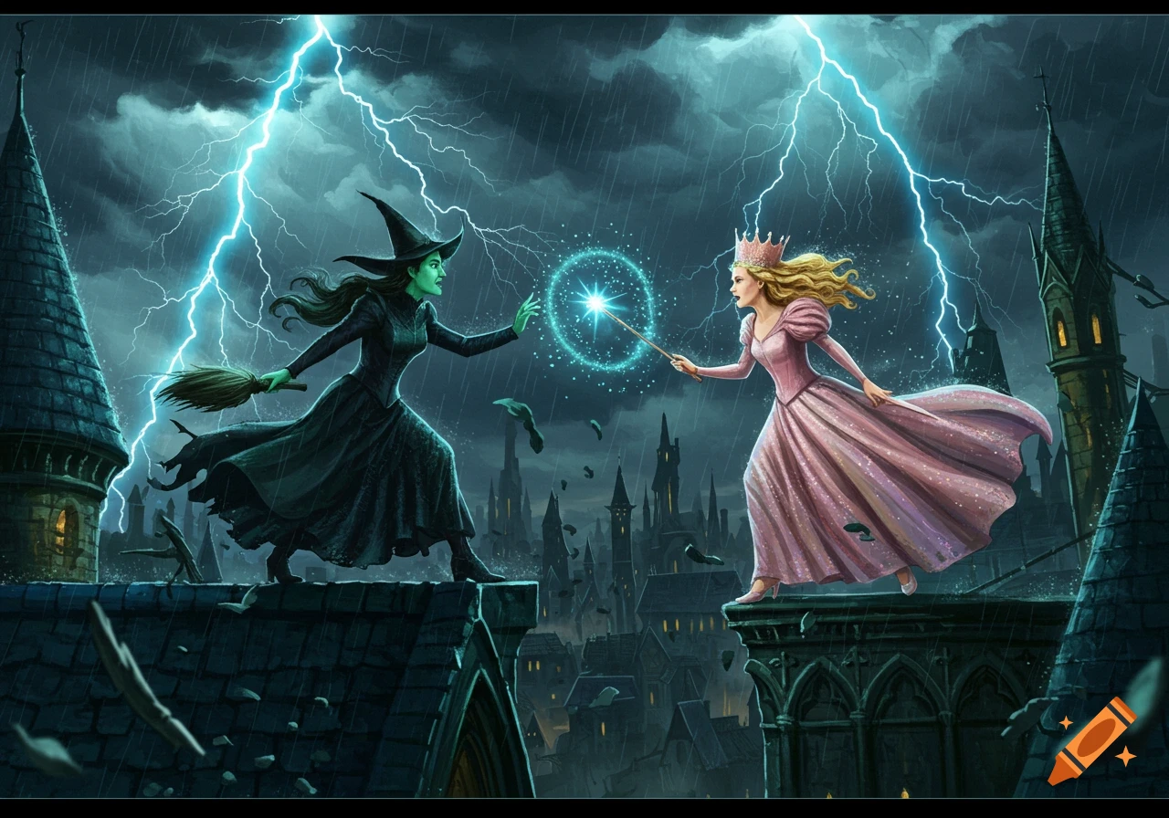 Elphaba the Wicked Witch and Glinda the Good Witch duel with magic wands on stormy city rooftops under lightning.