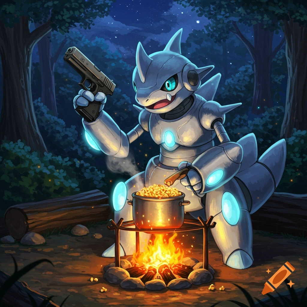 A metallic, armored Pokemon-like creature holds a handgun while stirring popcorn over a campfire in a dark forest at night.