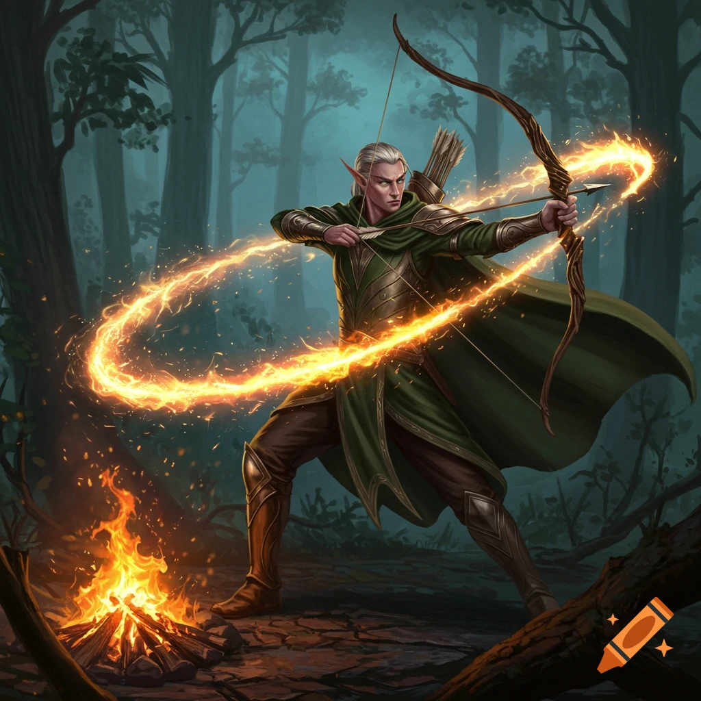 A fantasy male elf archer aims a bow with a glowing magical arrow in a dark forest, a campfire burns below.