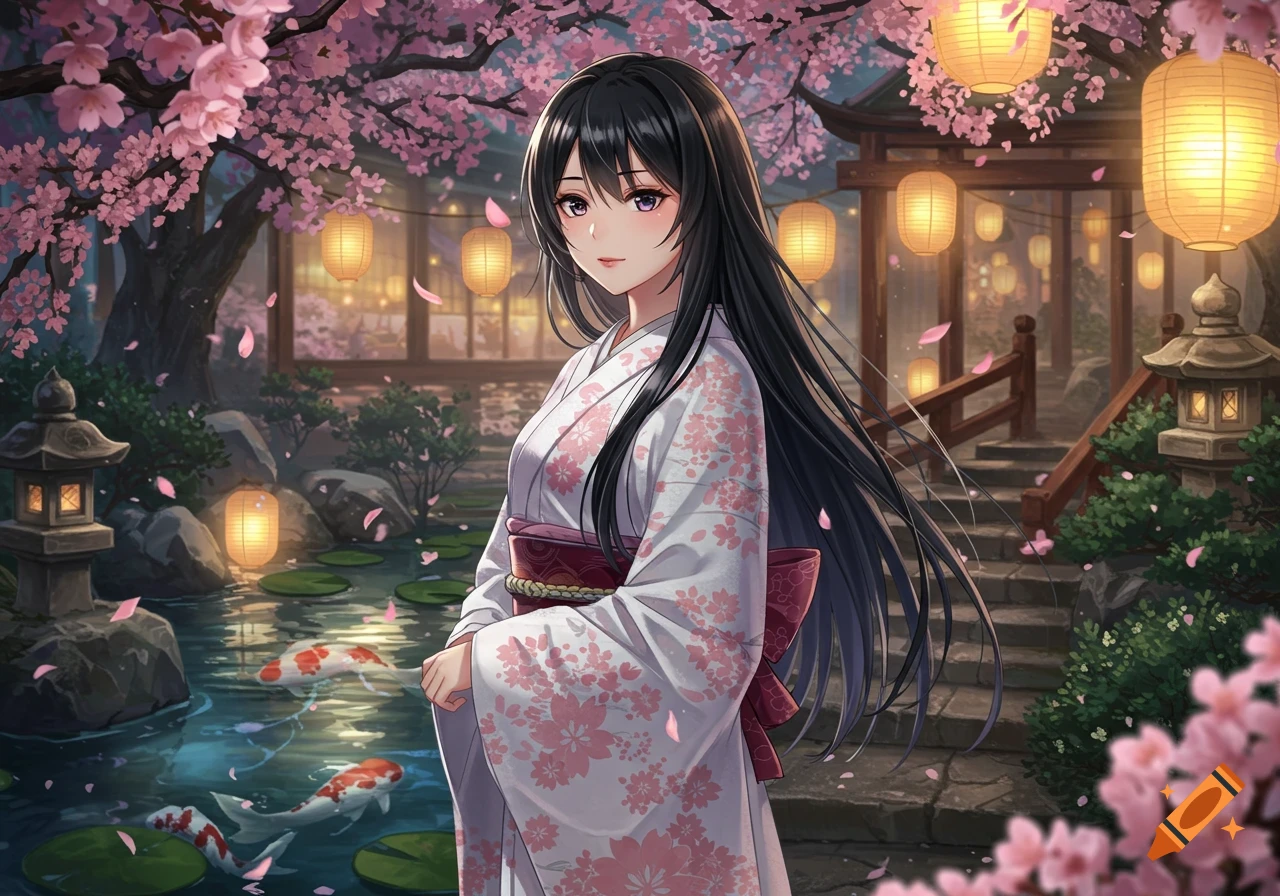 Anime girl in white kimono with pink cherry blossoms in a Japanese garden with koi fish and glowing lanterns.