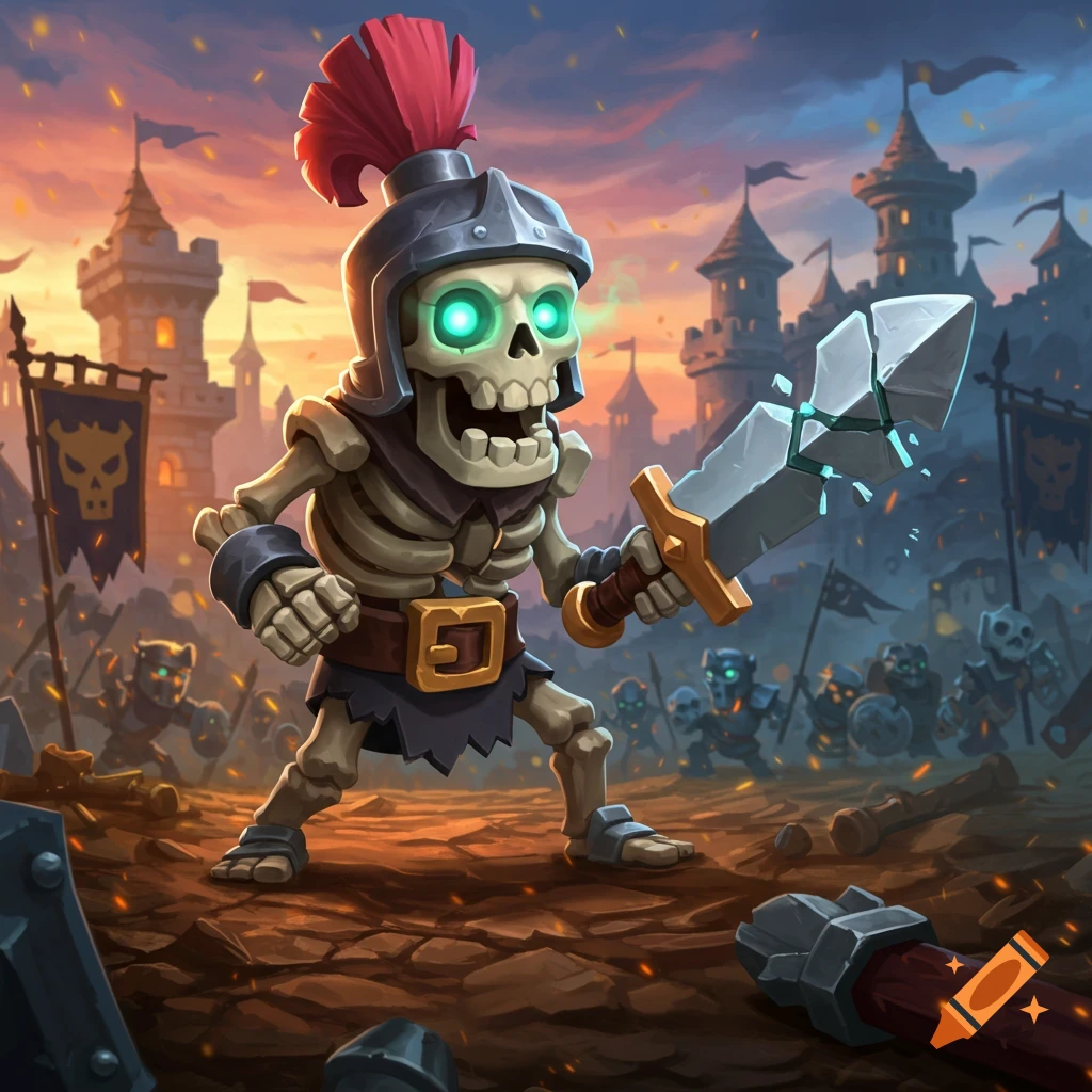 Cartoonish skeleton warrior with glowing green eyes, wearing a helmet, holds a broken sword on a battlefield with castles and other skeletons under a dramatic sky. Game art style.