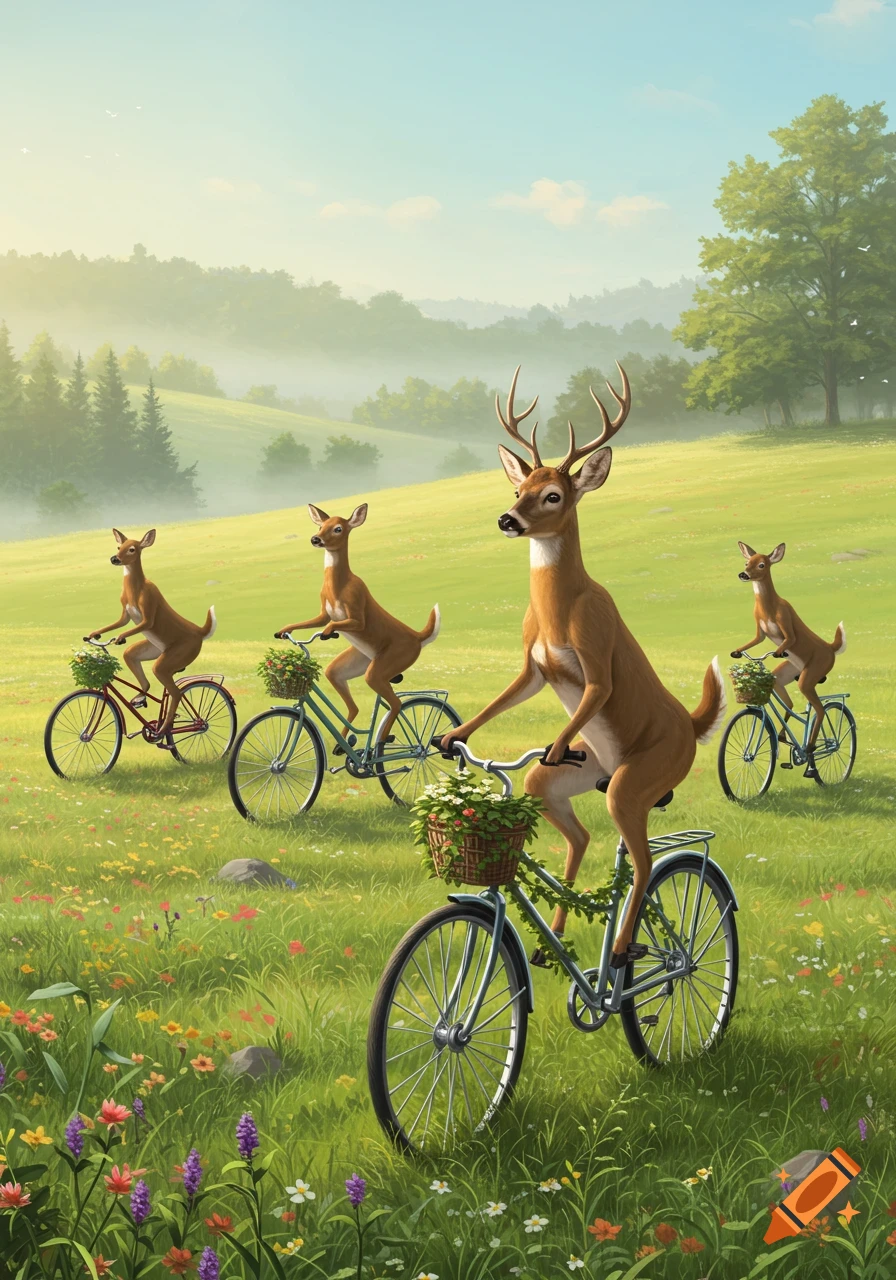 Four deer, including one with antlers, ride bicycles with flower baskets through a lush green field with colorful wildflowers.