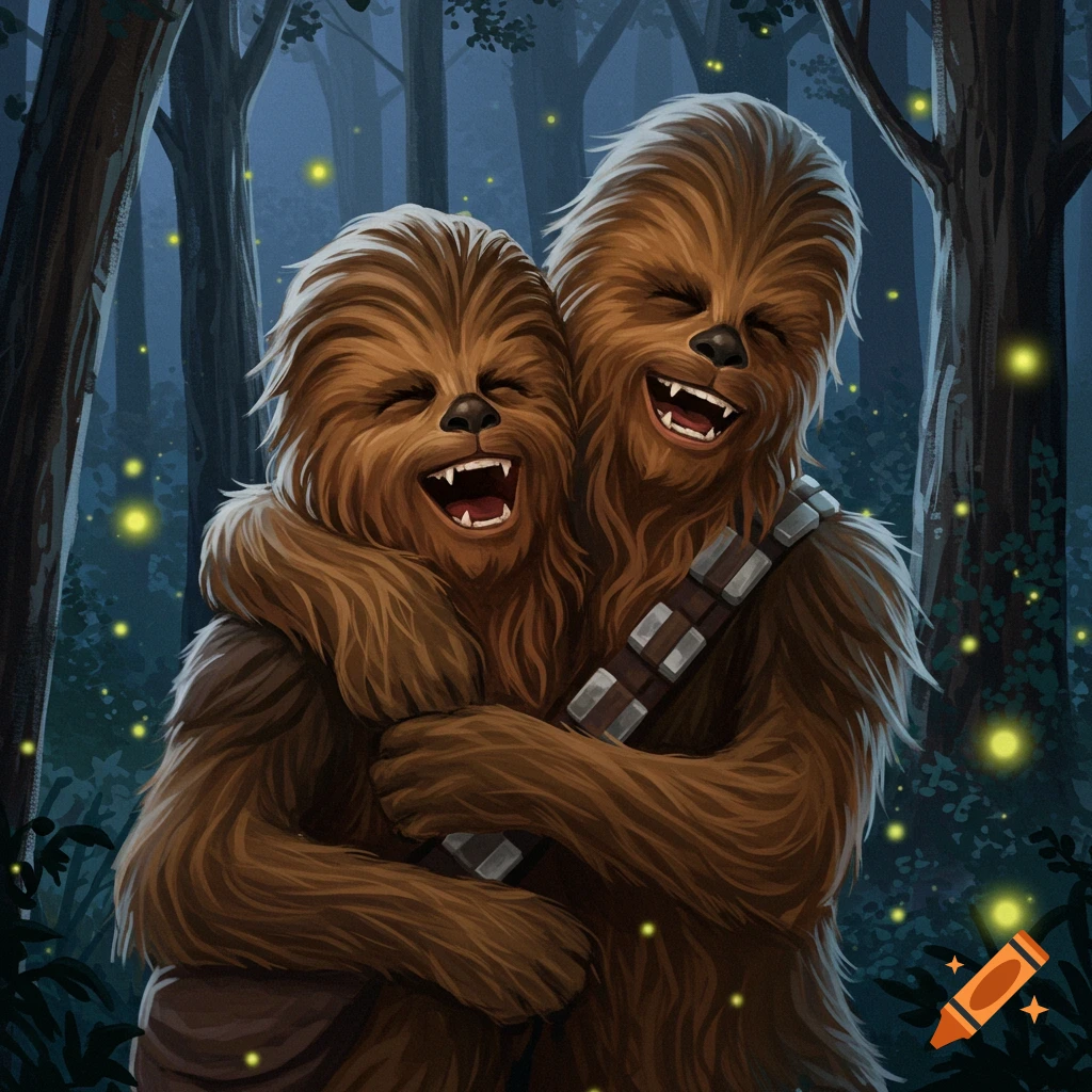 Two happy Wookiees hug and laugh in a dark, firefly-lit forest illustration.