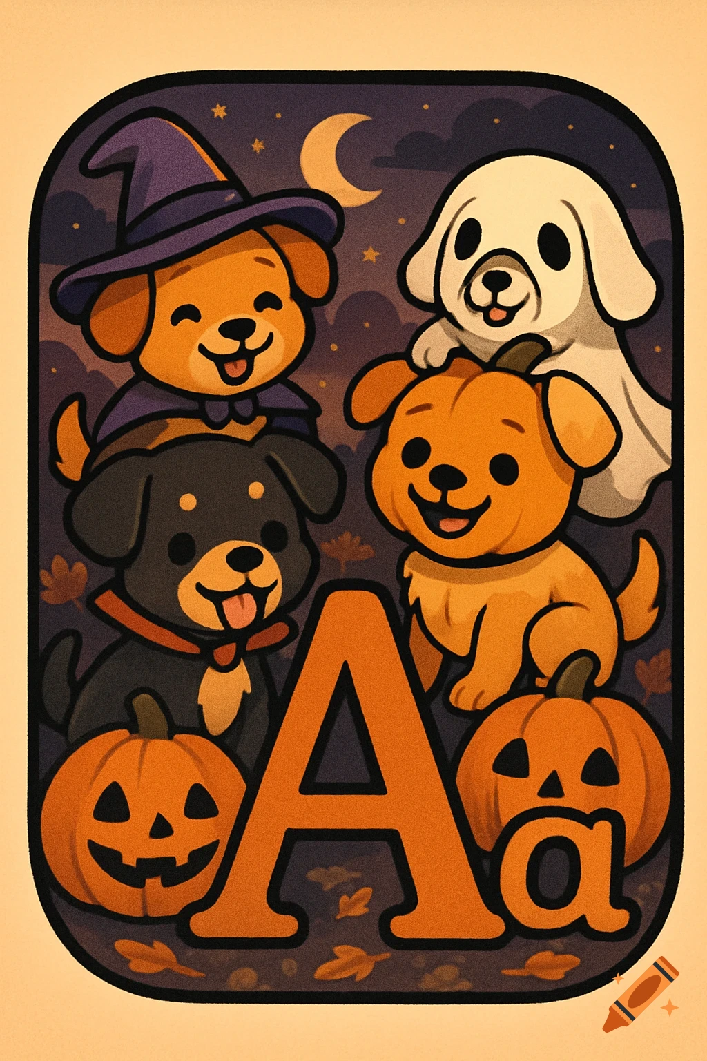 Cute cartoon Halloween puppies in witch and ghost costumes around pumpkins and the letters A a, under a crescent moon.