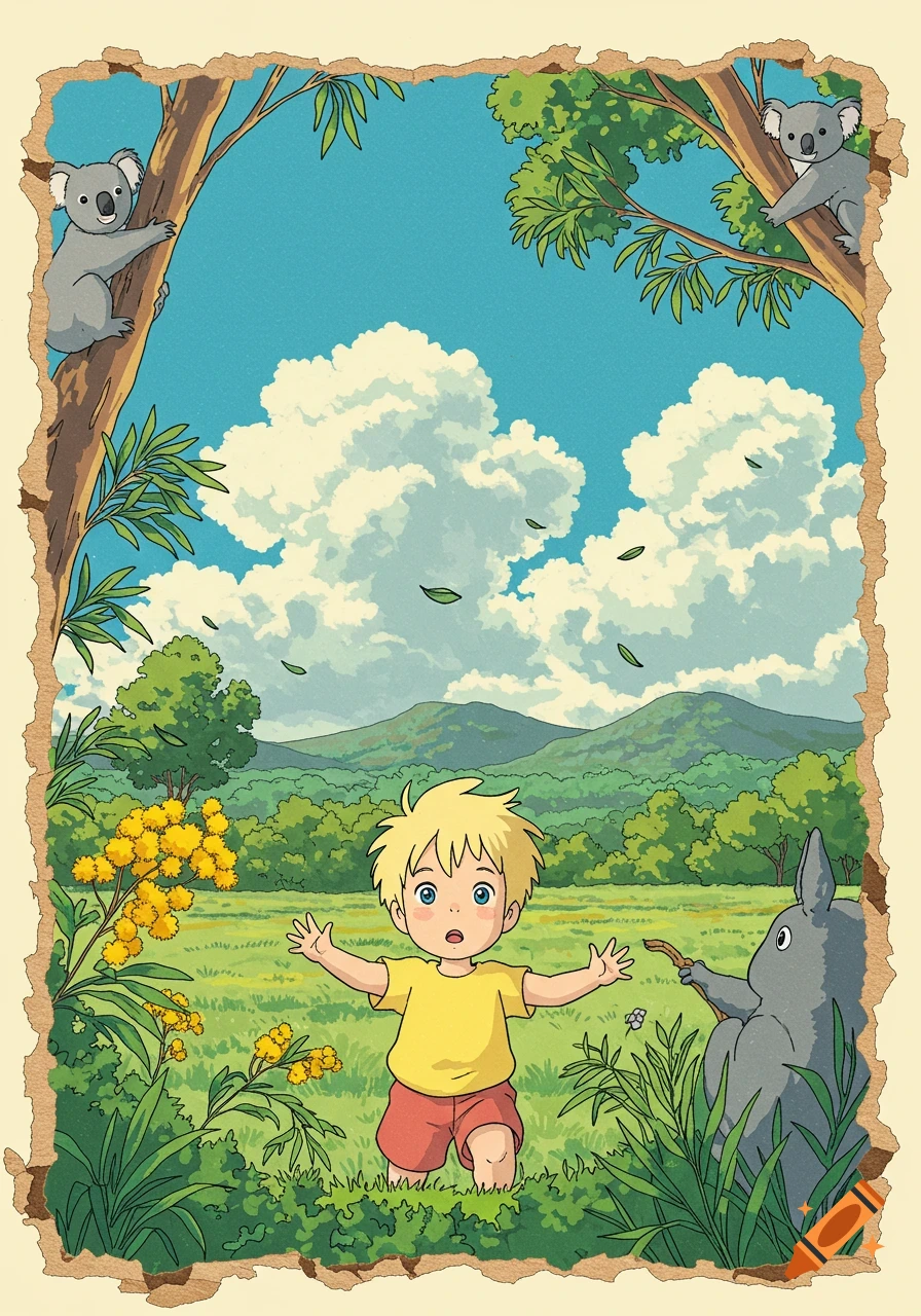 Anime illustration of a blond boy in a field with koalas, a grey creature, mountains, and clouds, in a Ghibli-inspired style with a torn paper border.