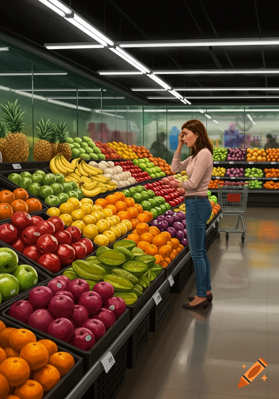 A woman looking stressed stands in a grocery store aisle filled with various colorful fruits.