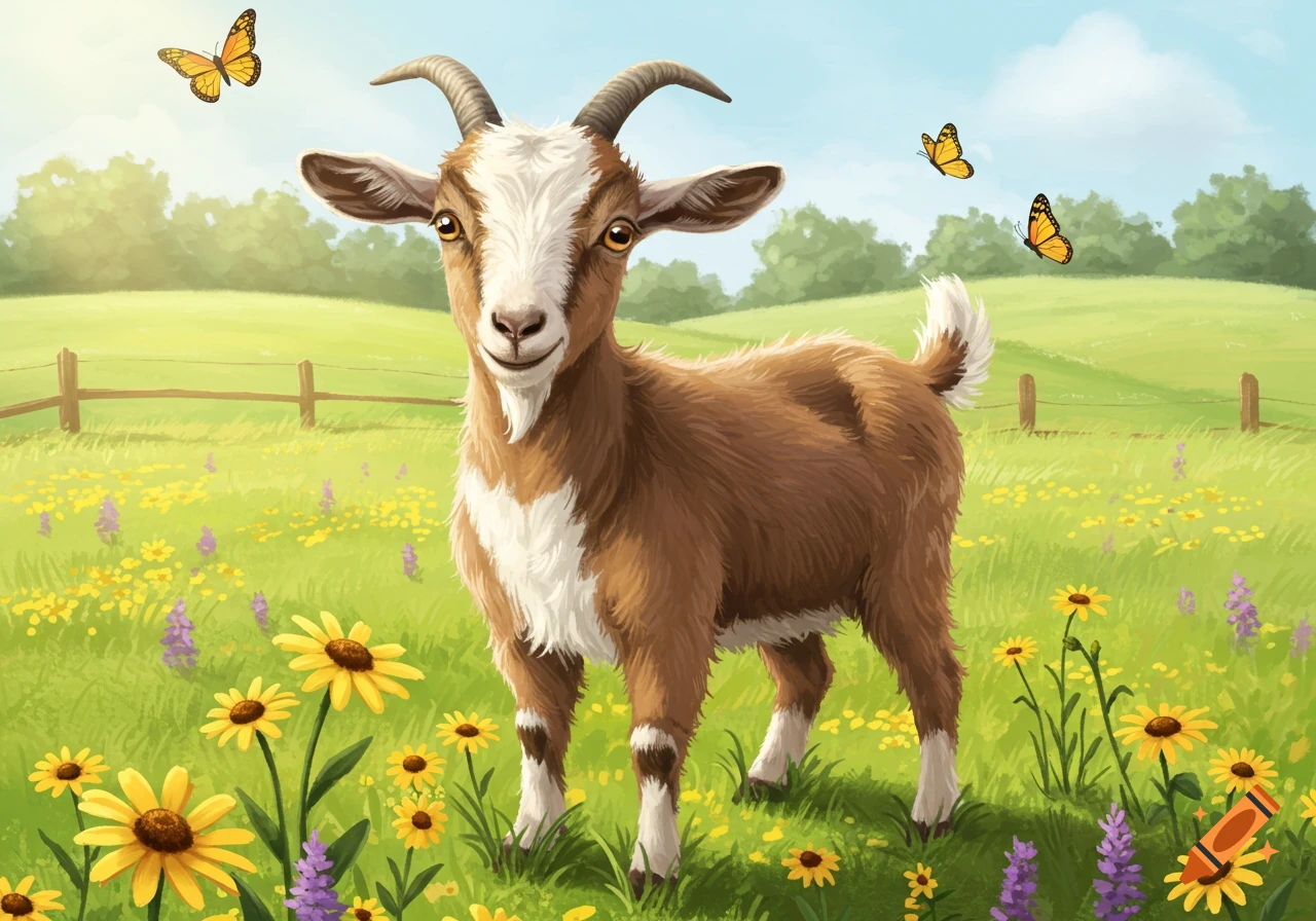 An illustration of a friendly brown and white goat standing in a vibrant green meadow filled with yellow and purple flowers, with butterflies flying overhead.