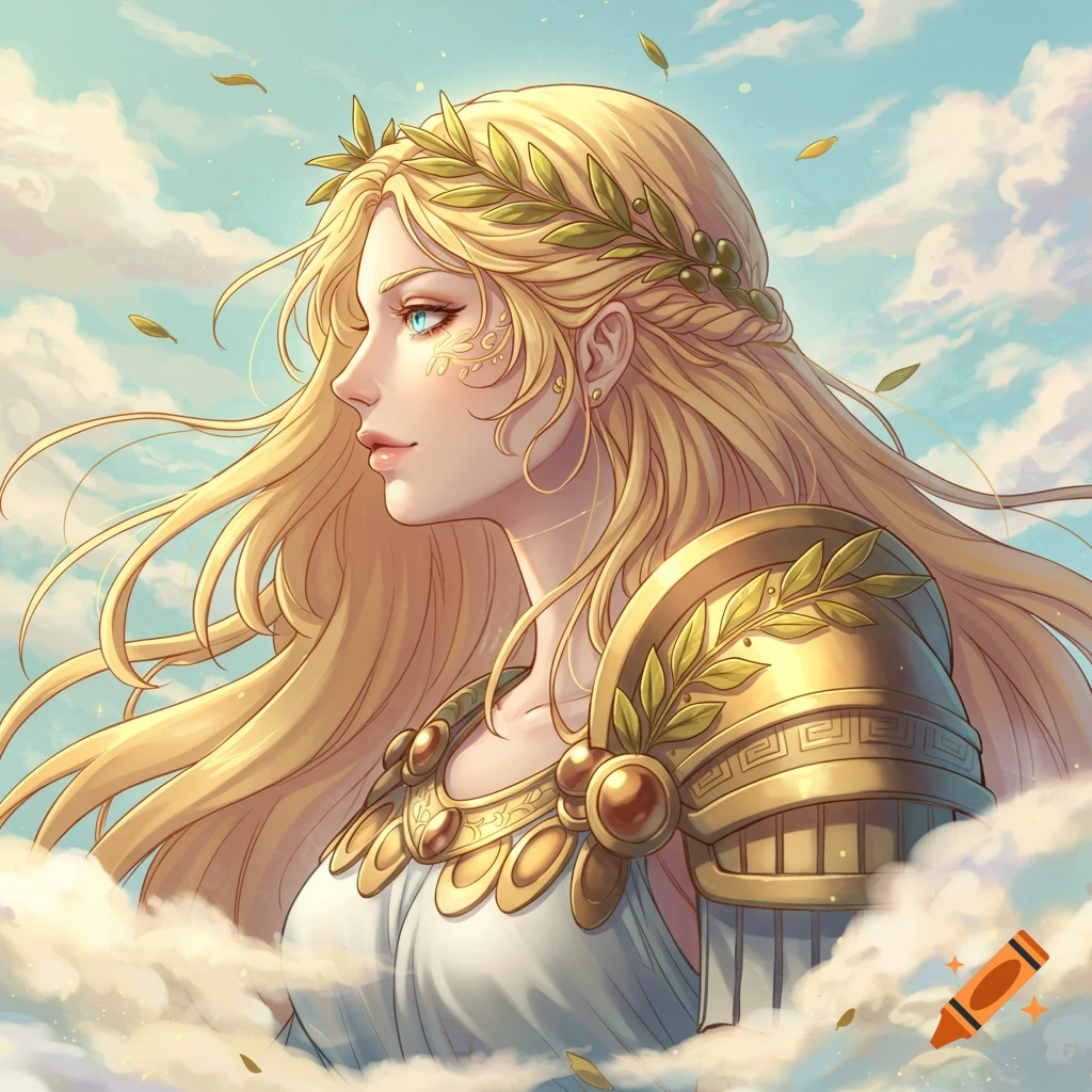 Anime portrait of a blonde woman with a laurel wreath and golden armor, looking up at a cloudy sky.