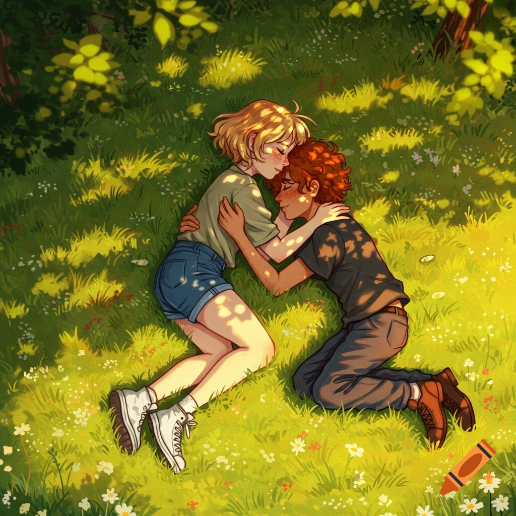 An illustrated couple with blonde and red hair hugging in dappled sunlight on a grassy field with white flowers.