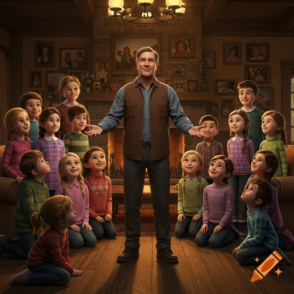 A man stands in a cozy living room, arms out, surrounded by 15 children looking up at him, rendered in a realistic 3D illustration style.