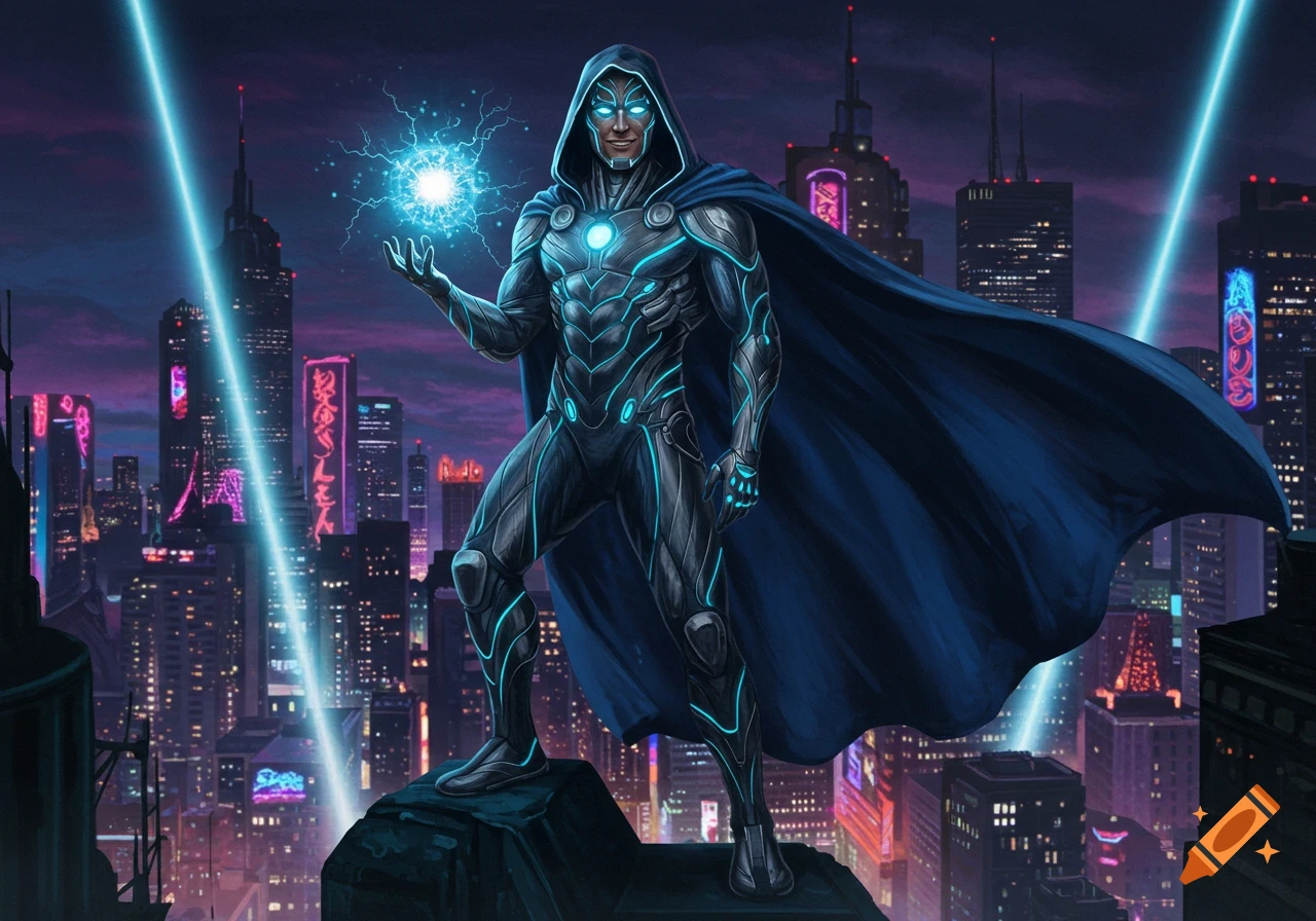 A dark-skinned superhero in a black and blue glowing suit and cape stands on a building overlooking a futuristic city at night, holding a ball of blue energy.