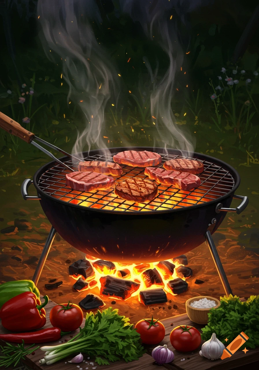 A barbecue grill with multiple steaks cooking over glowing coals, emitting smoke. Fresh vegetables like bell peppers, tomatoes, garlic, and herbs are arranged on a wooden board below, set in a dark outdoor scene. Stylized illustration.
