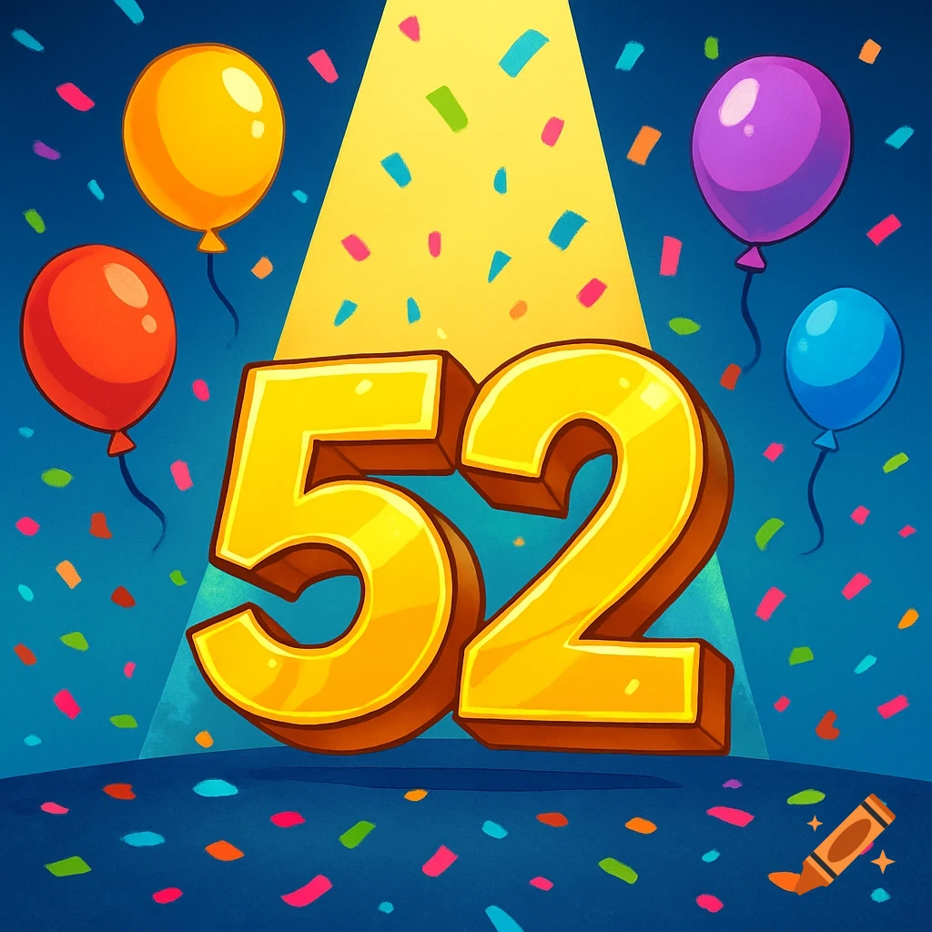 Cartoon-style image of a shiny gold number 52 under a spotlight, surrounded by colorful confetti and balloons on a blue background.