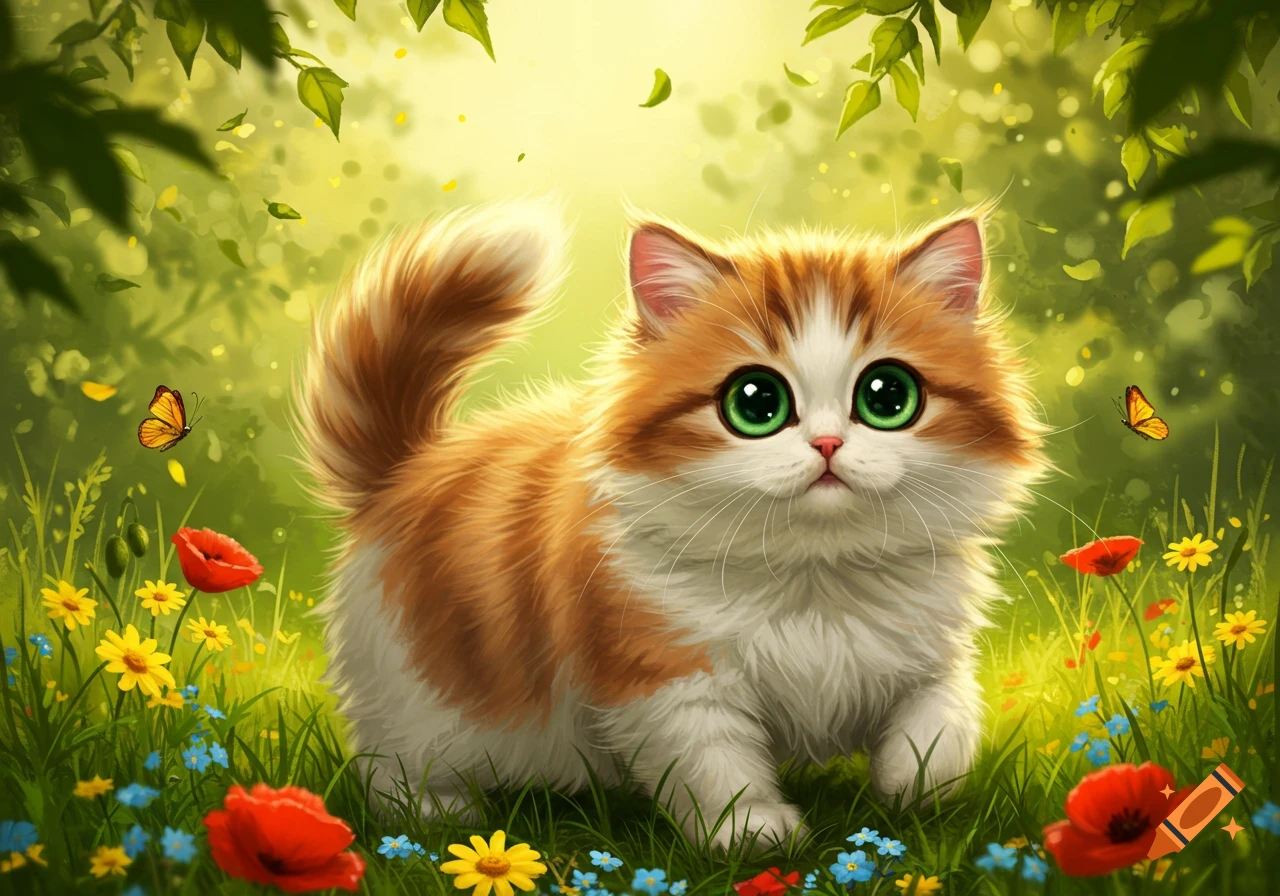 A cute, fluffy orange and white cat with big green eyes sits in a vibrant green meadow with colorful flowers and butterflies, in a whimsical illustration style.