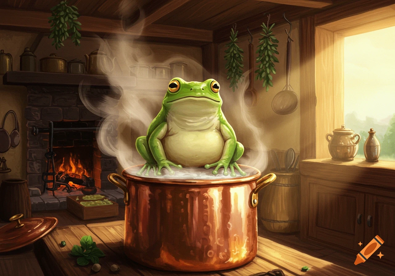 A plump green frog sits in a steaming copper pot on a wooden table in a rustic kitchen, with a fireplace and sunlight through a window.