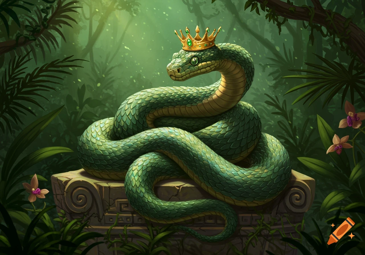 A majestic green snake with a golden crown rests coiled on an ornate stone pedestal in a vibrant, lush jungle setting.