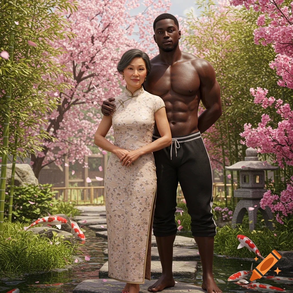 A photorealistic image of an Asian woman in a floral qipao and a muscular Black man embracing in a cherry blossom garden.