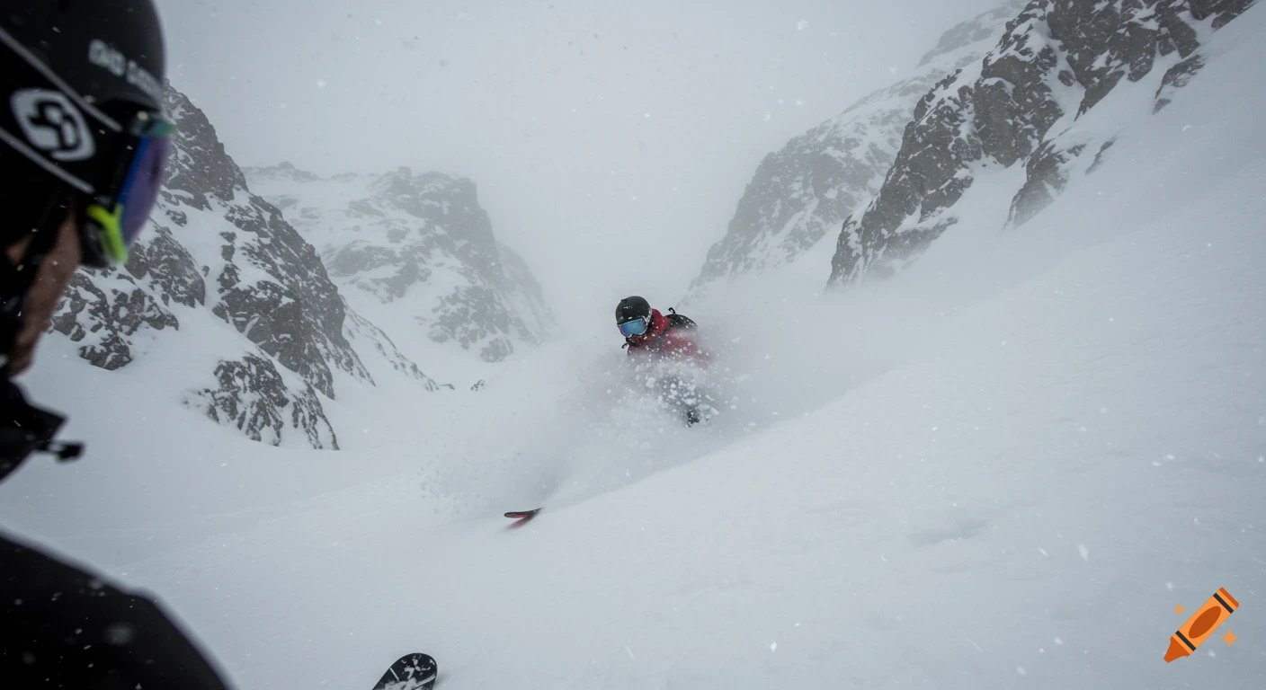 First-person POV of a freerider skiing down a snowy mountain slope amidst low visibility and blowing snow, with rugged peaks in the background.