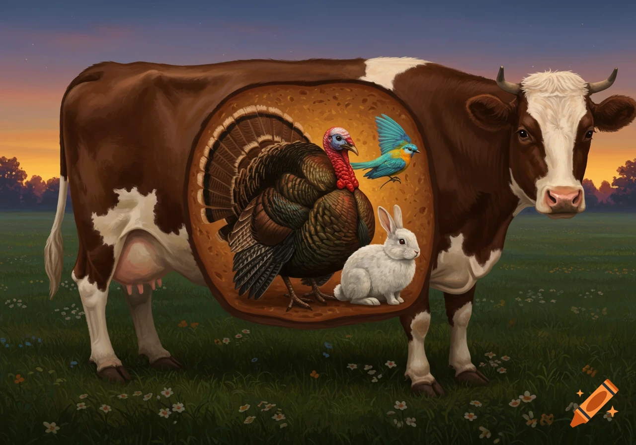 A brown and white cow stands in a grassy field with a surreal cut-out section revealing a turkey, a small blue bird, and a white rabbit inside, under a sunset sky.