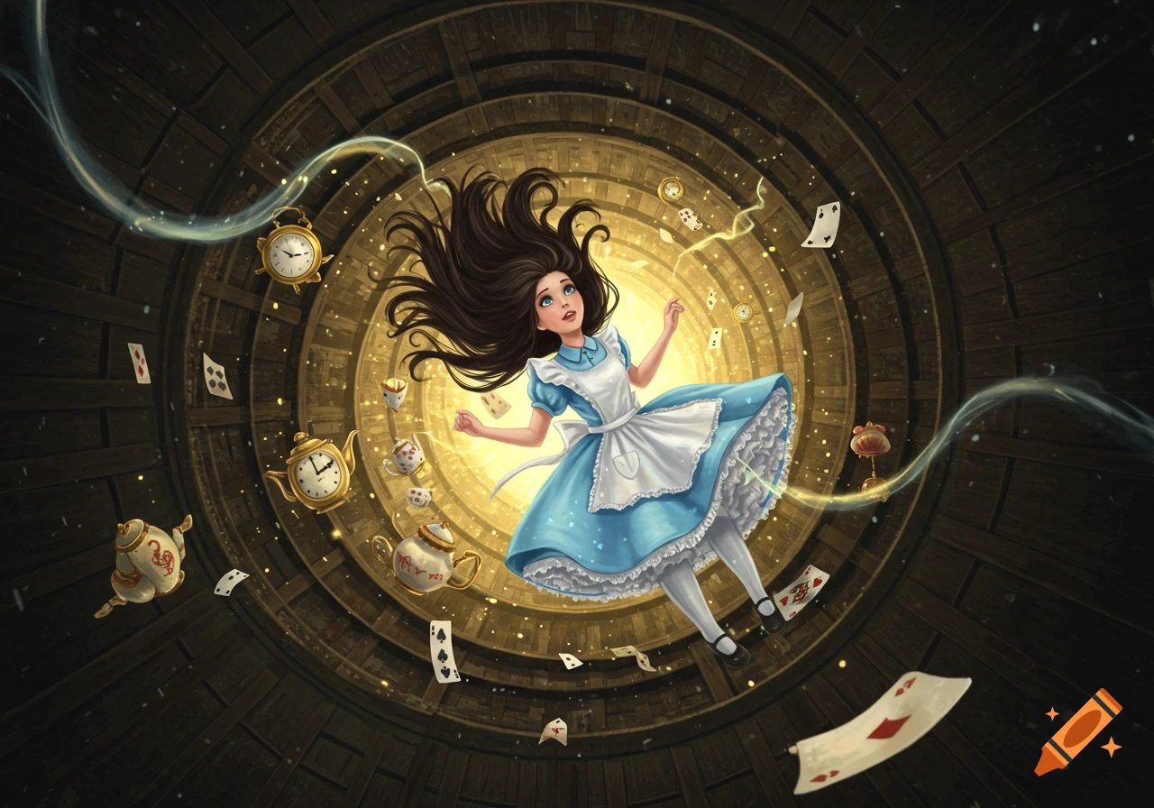 Alice in Wonderland floats down a rabbit hole, her dress billowing, surrounded by clocks, teacups, and playing cards.