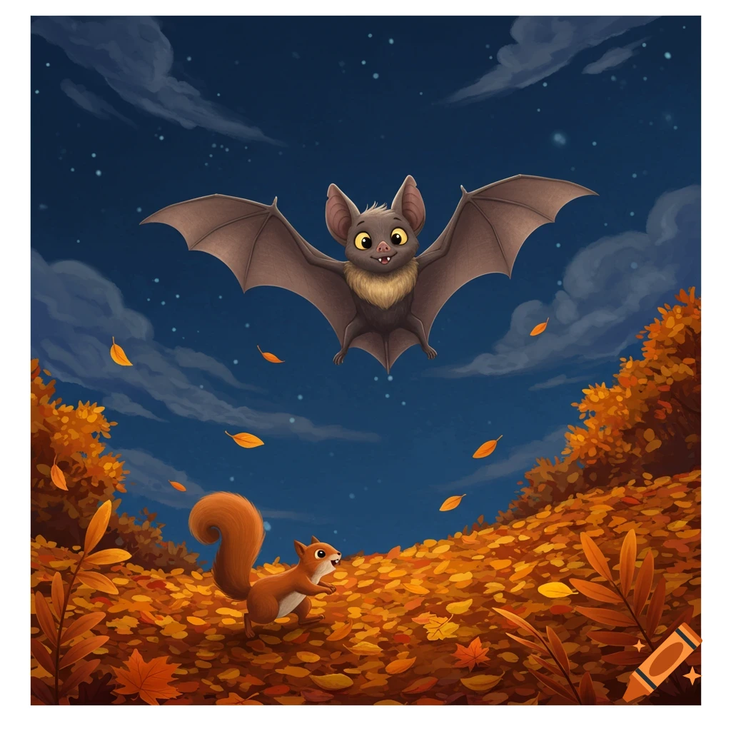 A cute cartoon bat flies in a dark blue night sky above an autumn forest floor where a squirrel scurries through orange leaves.
