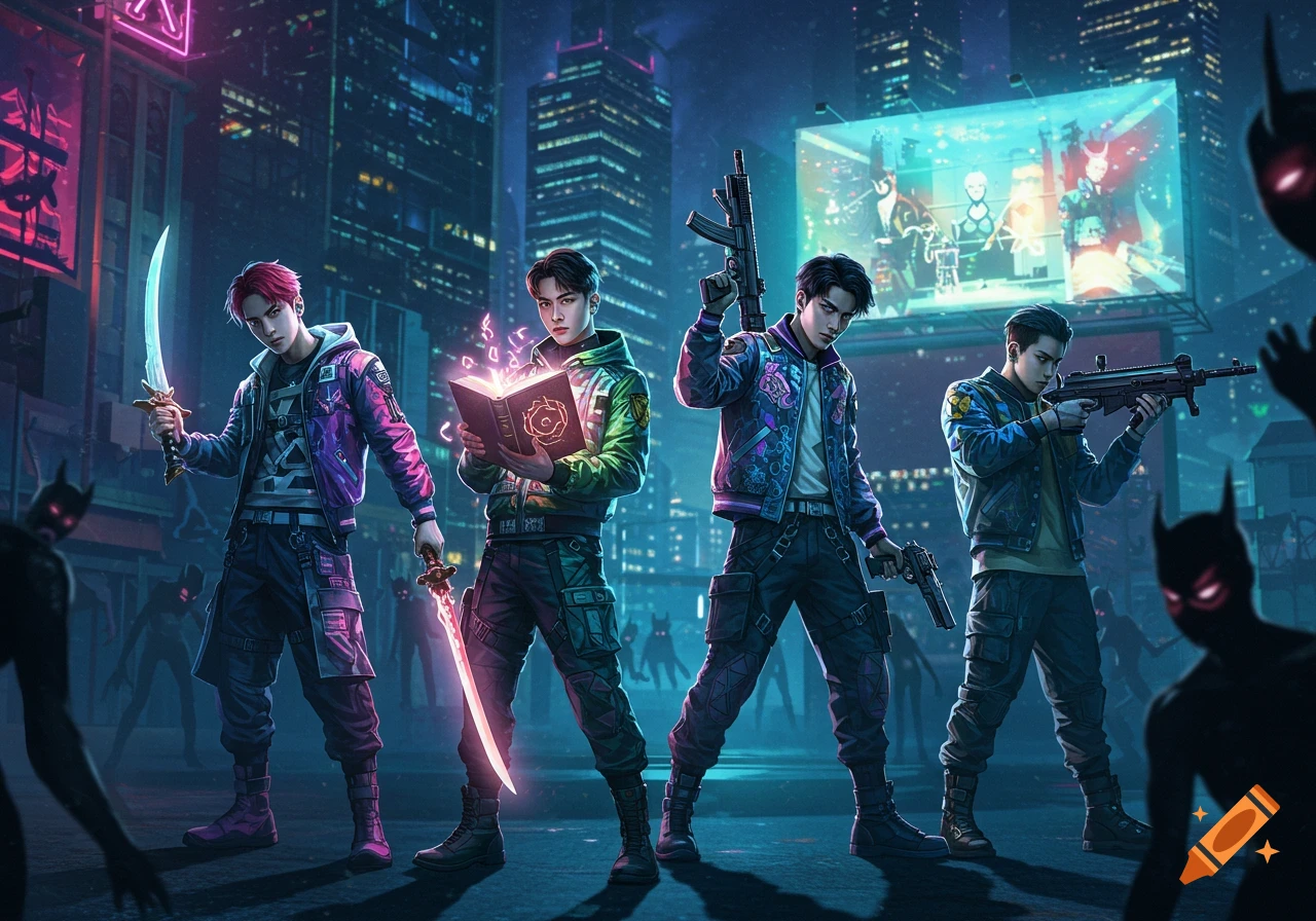 Four K-pop inspired demon hunters, wielding swords, rifles, and pistols, stand in a neon-lit futuristic city at night, facing shadowy figures.