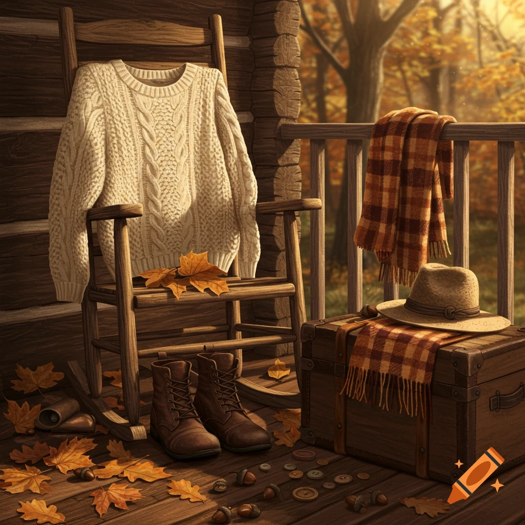 Cozy autumn scene on a rustic porch with a cream cable-knit sweater on a rocking chair, plaid scarf, hat, boots, and fallen leaves.