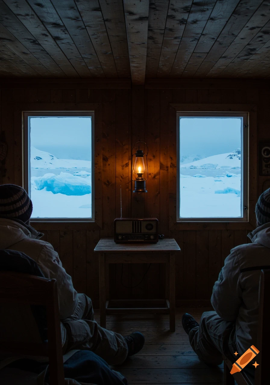 Two people sit in a rustic cabin, looking out windows at a snowy, icy Antarctic landscape. A lit lantern and old radio are on a table.