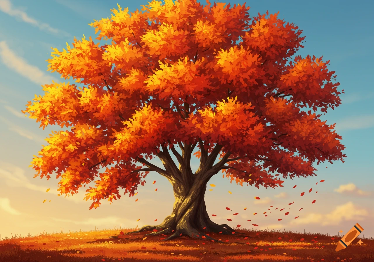 Vibrant autumn tree with red and orange leaves on a grassy hill under a bright sky, stylized.