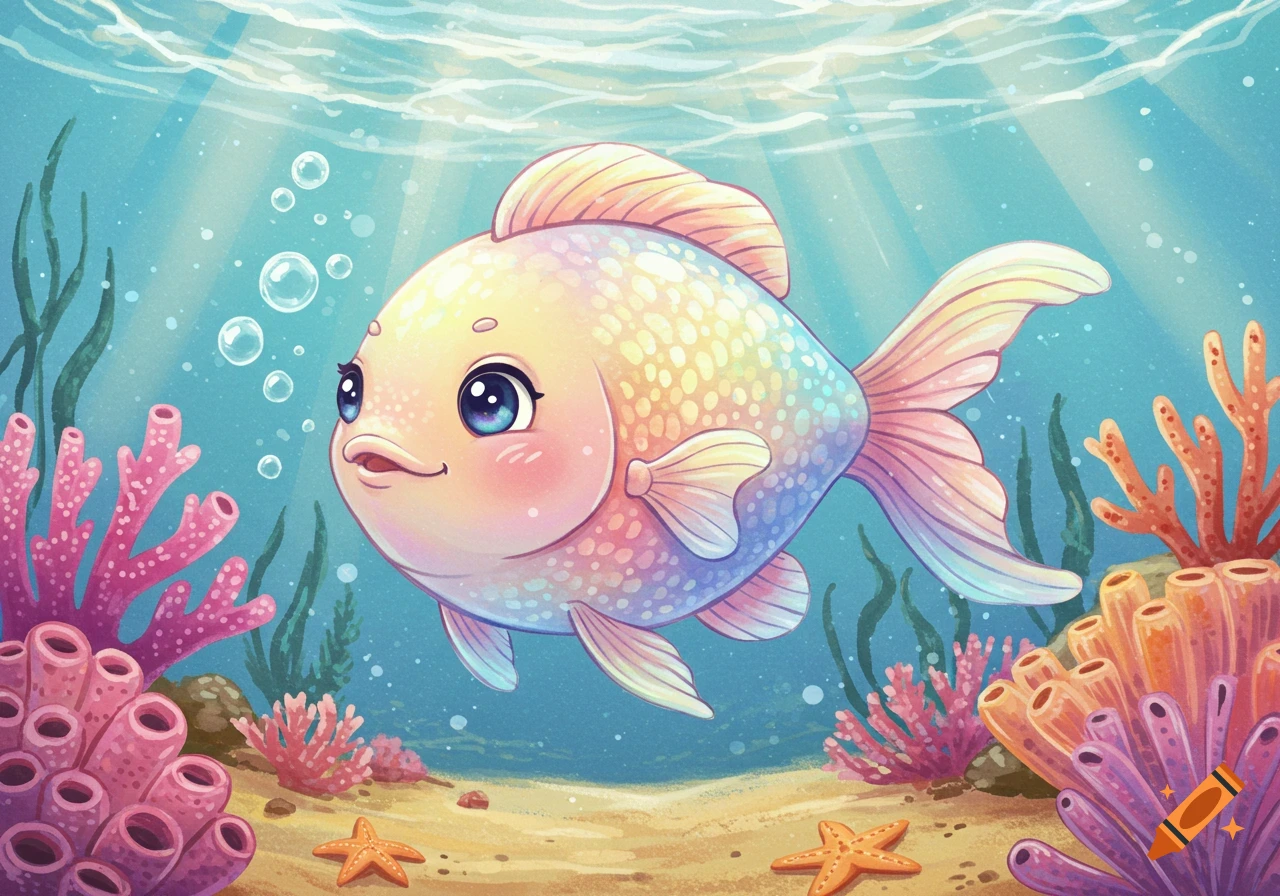 Cute, stylized rainbow-colored fish swimming underwater with colorful coral and starfish in a vibrant illustration.