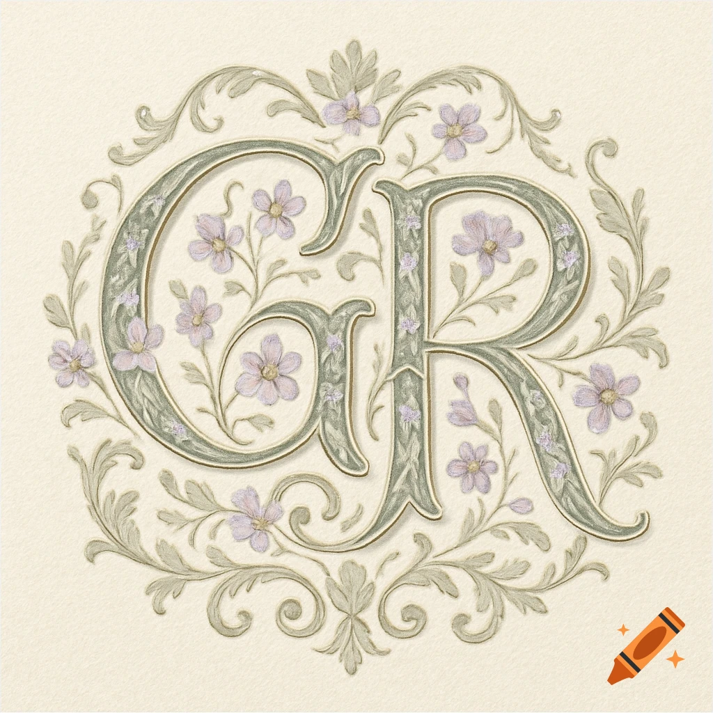 An ornate, illuminated monogram with the initials 'G' and 'R' entwined amidst delicate floral scrollwork in soft green and lavender on a cream background.
