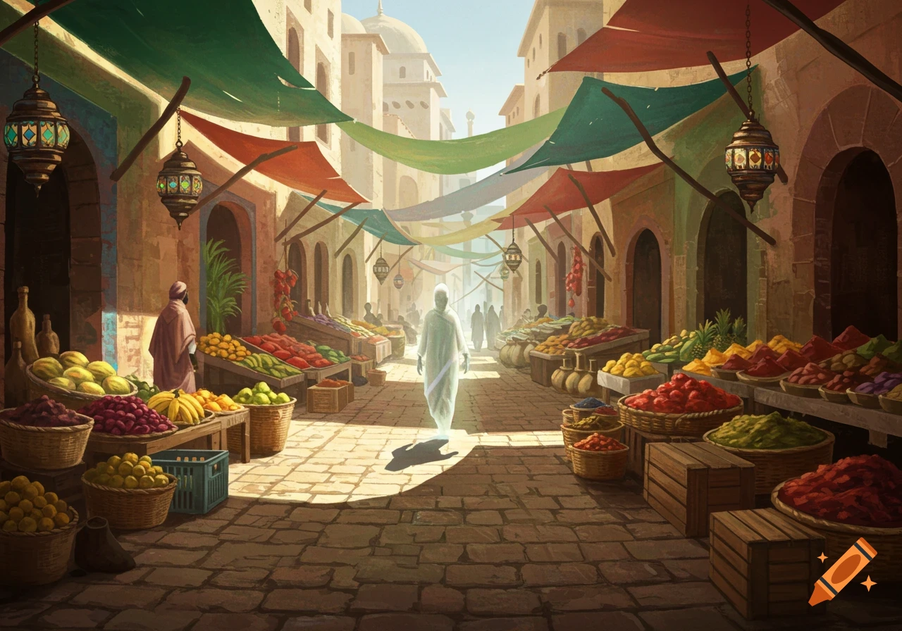 A vibrant fantasy market street with stalls overflowing with produce, hanging lanterns, and a glowing, ethereal figure walking down the center.