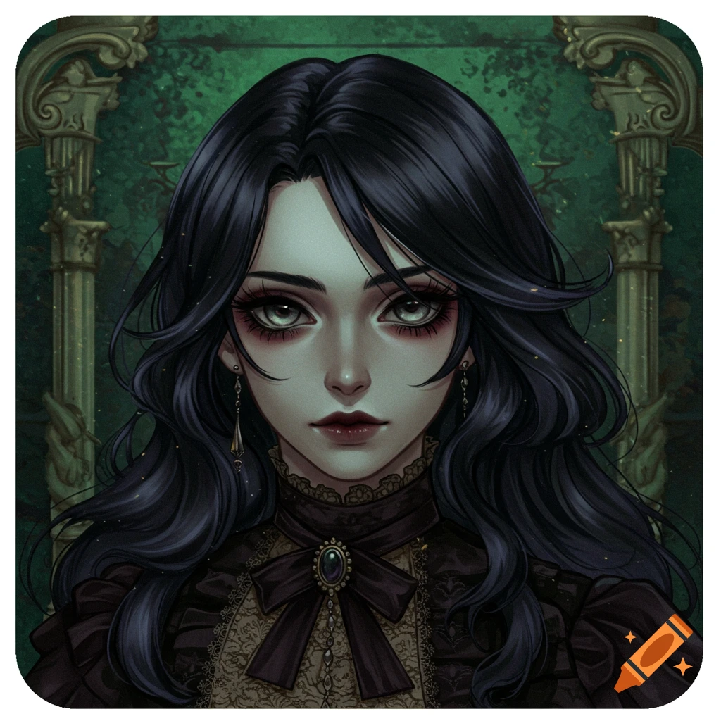 A gothic anime portrait of a pale woman with long black wavy hair, wearing a dark ruffled dress with a cameo brooch, against a dark green ornate background.