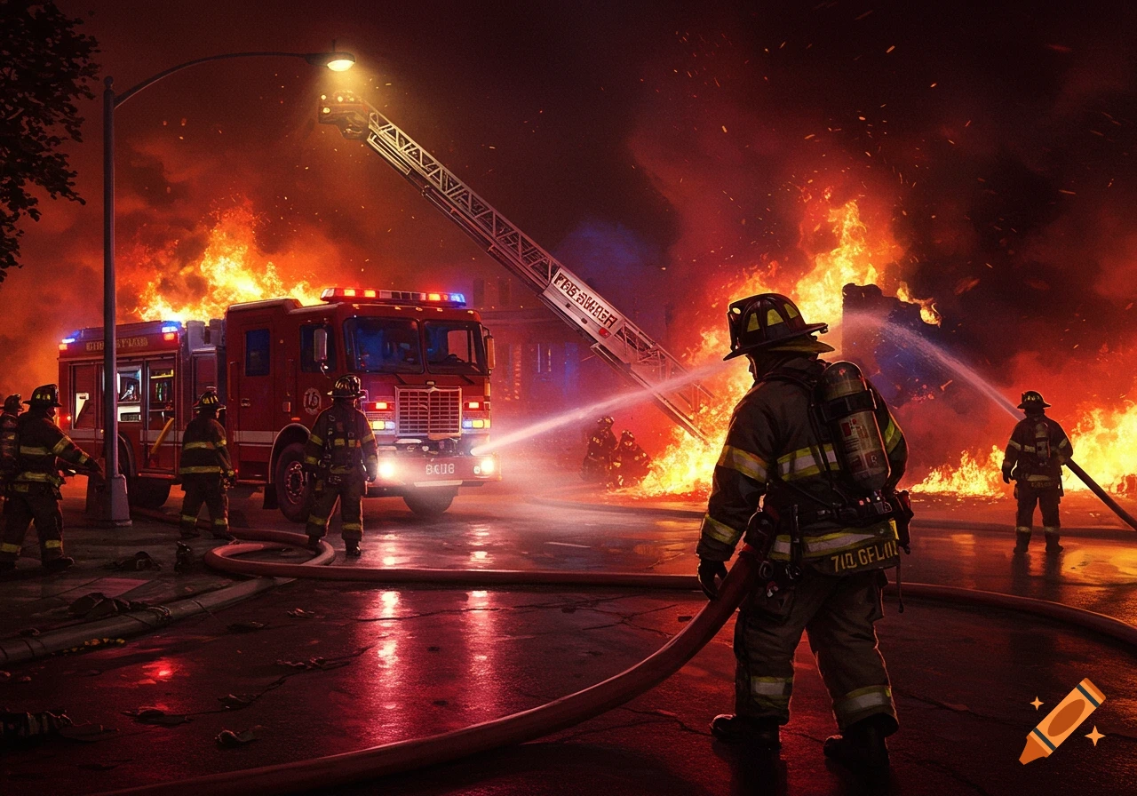 Photorealistic scene of firefighters battling a large building fire with trucks and hoses at night.