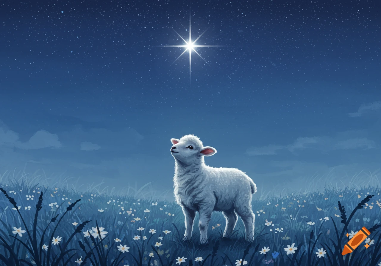 A white lamb stands in a field of small white flowers and grass, looking up at a large, bright star in a dark blue night sky filled with many smaller stars.