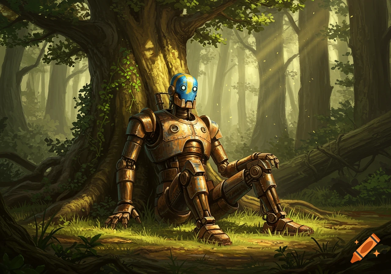 A detailed steampunk robot with a blue and yellow head sits leaning against a large tree in a sun-dappled forest.