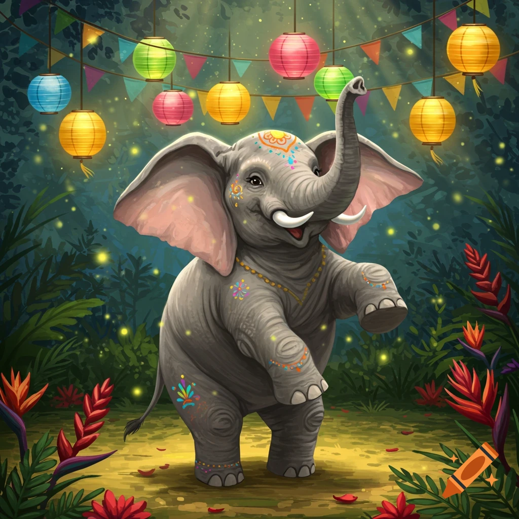 A whimsical cartoon elephant with colorful patterns dances happily in a lush jungle under glowing lanterns.